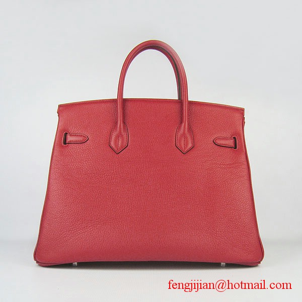 Hermes 35cm Embossed Veins Leather Bag Red 6089 Silver Hardware